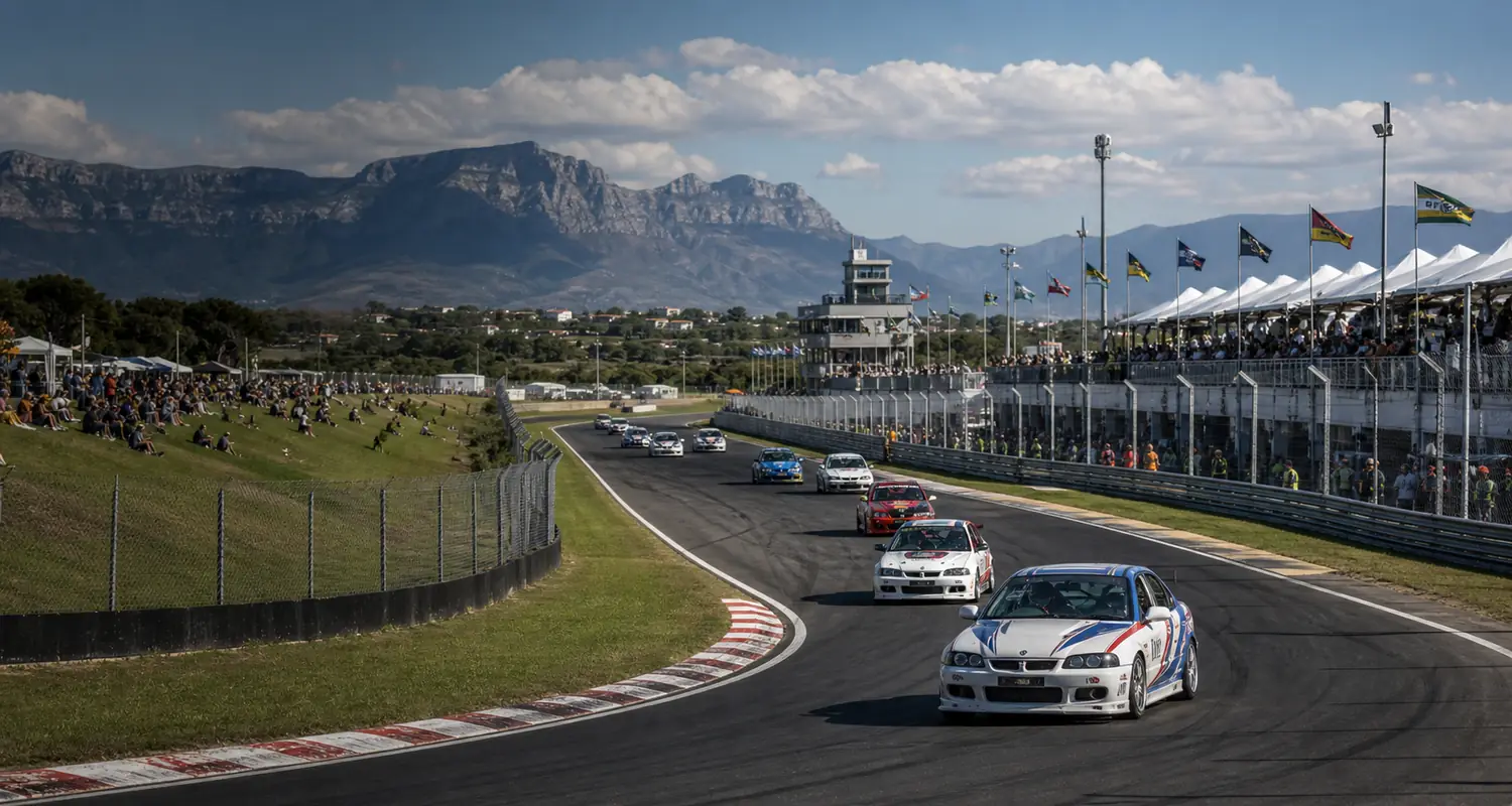 South African circuit race weekend with touring cars, spectators, pit buildings, and mountain backdrop